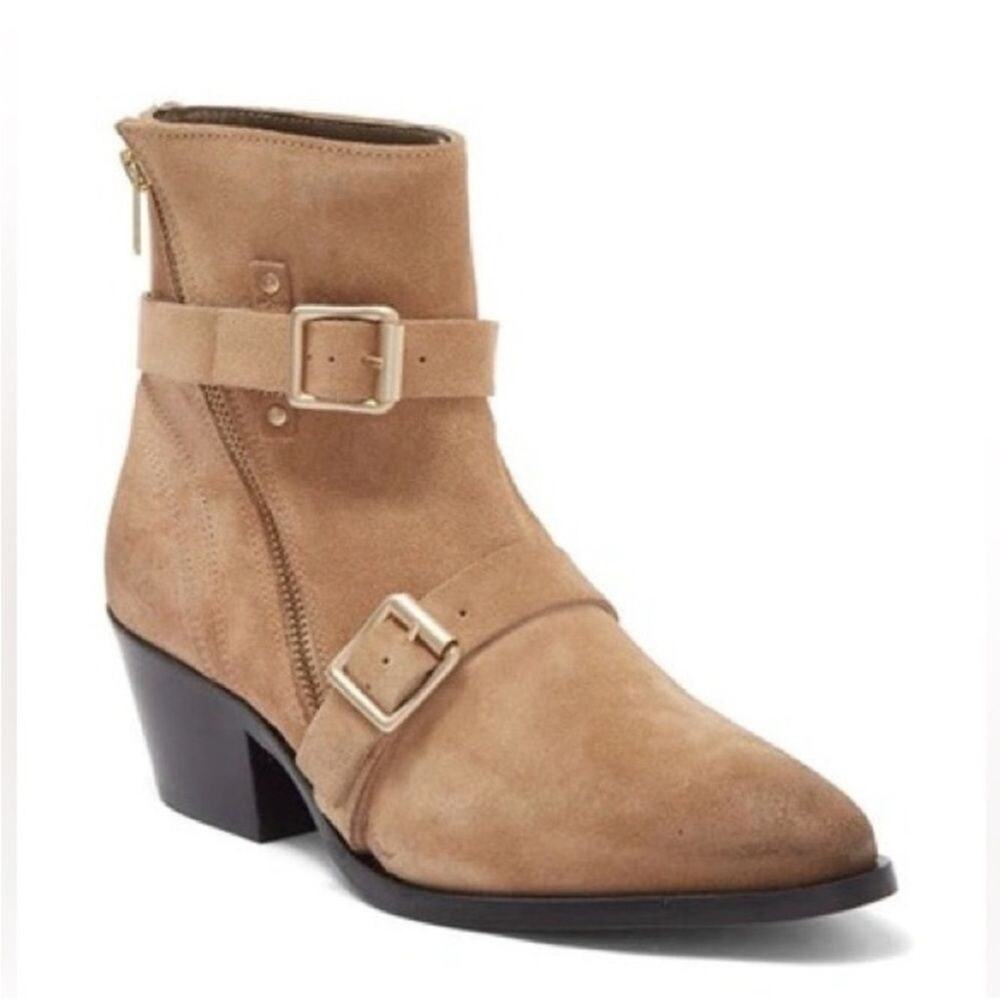 All Saints Lior Suede Leather Zip Western Block Heel Ankle Booties Desert Tan 36